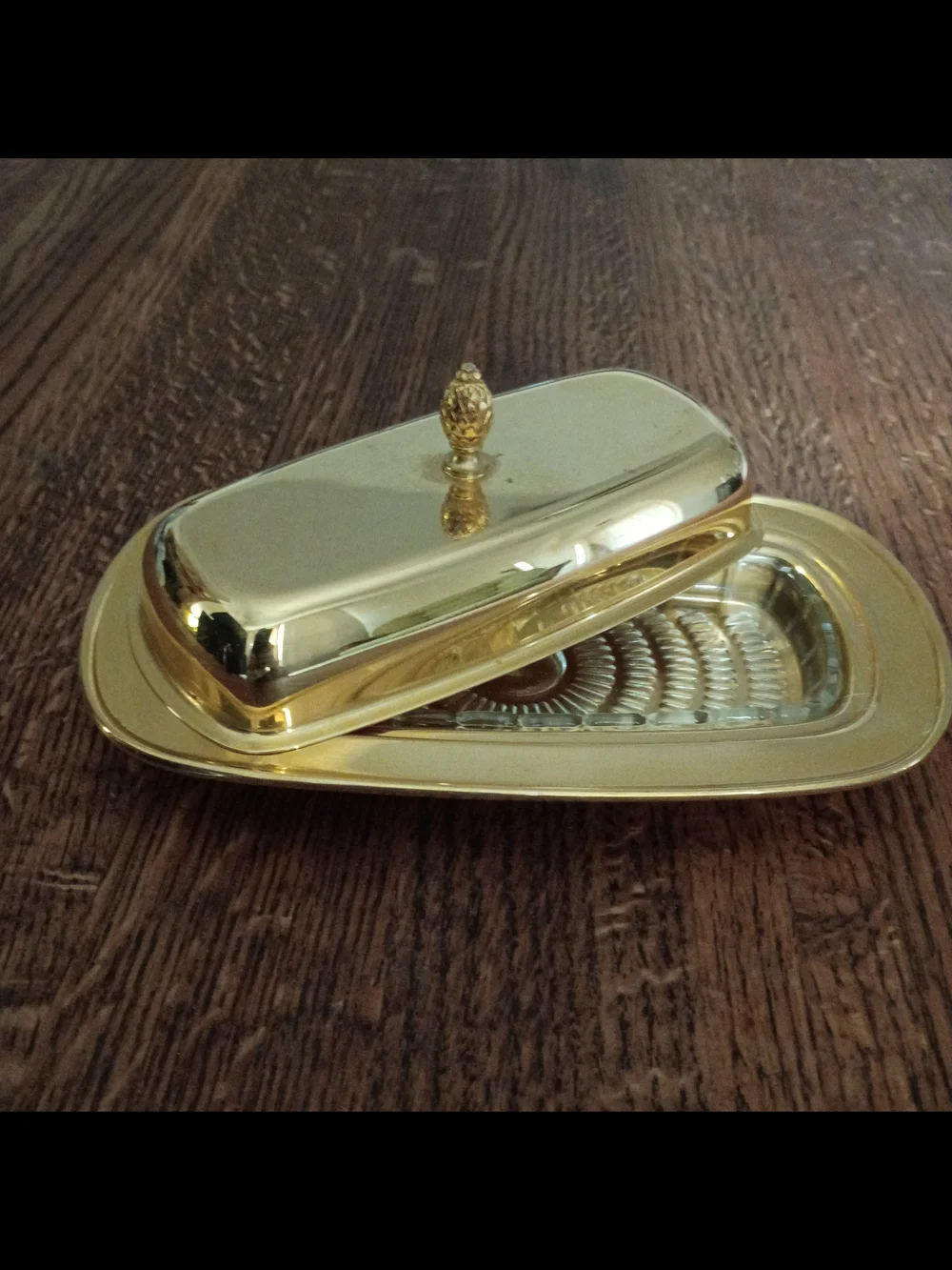 Vintage 18k Gold Electroplated Butter Dish with Lid, Glass Insert